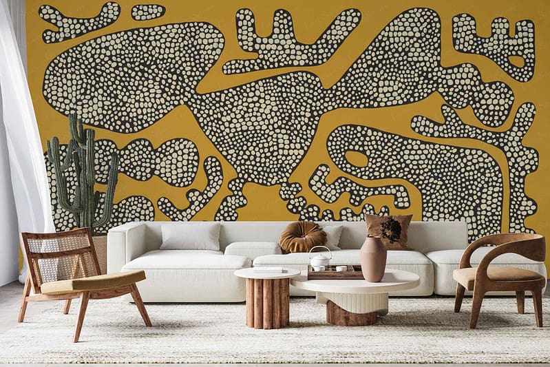 Abstract black and white mural: large geometric shapes, bold lines, contrasting patterns on a mustard yellow background. Key colors: black, white, mustard yellow. Elements include abstract forms and striking contrasts.