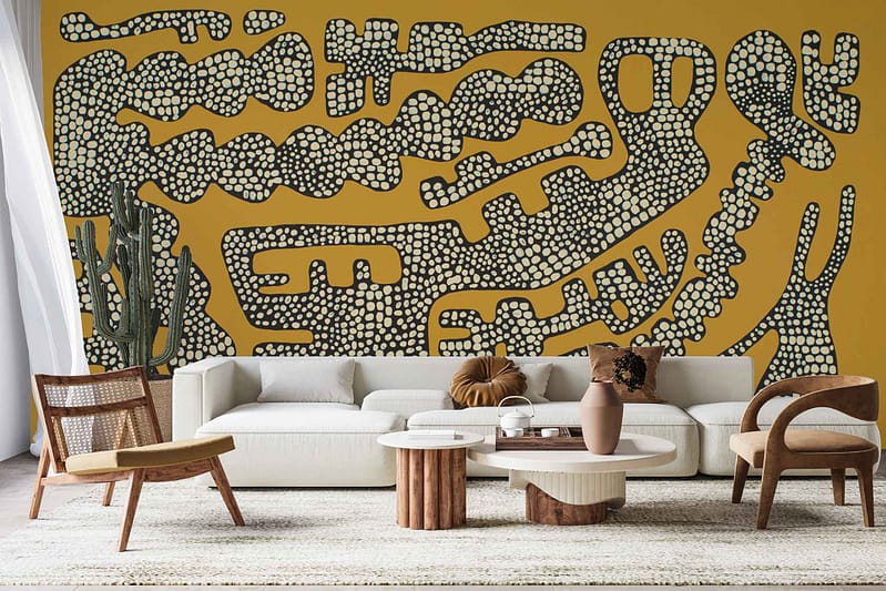 Bold abstract mural, black and white patterns, mustard yellow background.