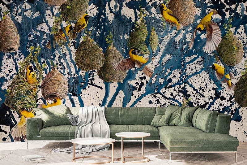 Messenger Birds, nests, abstract background, blue splatters, white splatters.