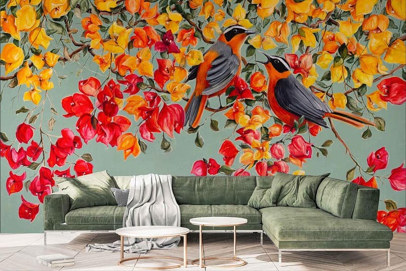 Vibrant wall mural featuring Messenger Birds, colorful yellow, red, and orange flowers.