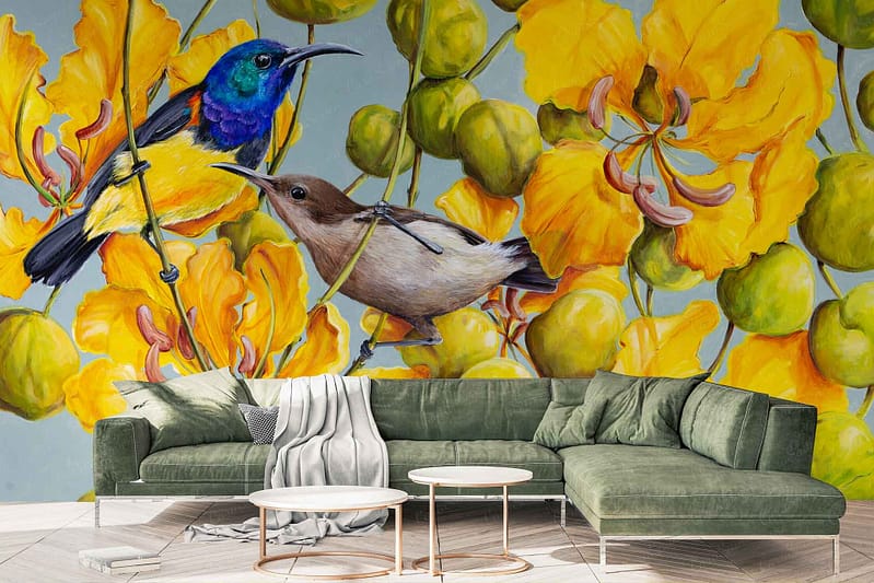A vivid mural depicting two Messenger Birds amidst bright yellow flowers. The artwork bursts with vibrant colors, featuring rich greens and yellows against a dynamic background, capturing the essence of nature's beauty. Perfect for search highlights like "Messenger Birds mural," "yellow flowers wall art," and "vibrant nature-themed wallpaper.