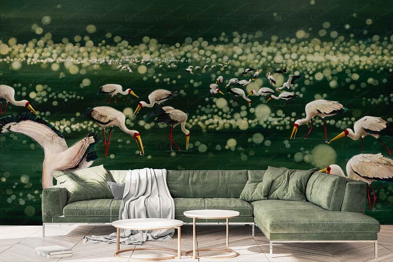 Wall mural featuring messenger birds—storks with red legs and white feathers against a dark green, dotted backdrop.