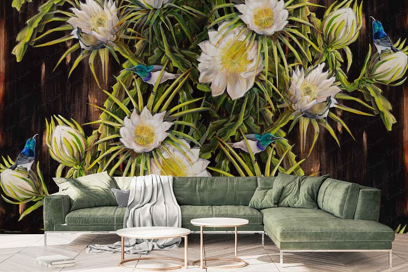 The wallpaper highlights a vibrant mural featuring white flowers, green plants, and small colorful messenger birds.