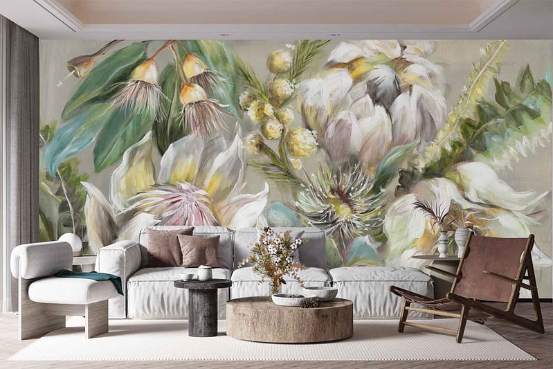 The wallpaper is a large wall mural featuring oversized flowers in soft, muted colors. It includes elements like delicate petals, subtle leaf patterns, and gentle floral outlines. Key colors are pastel pinks, soft creams, light blues, muted greens, and hints of beige. The design exudes a serene and artistic vibe reminiscent of Reed Rush style.