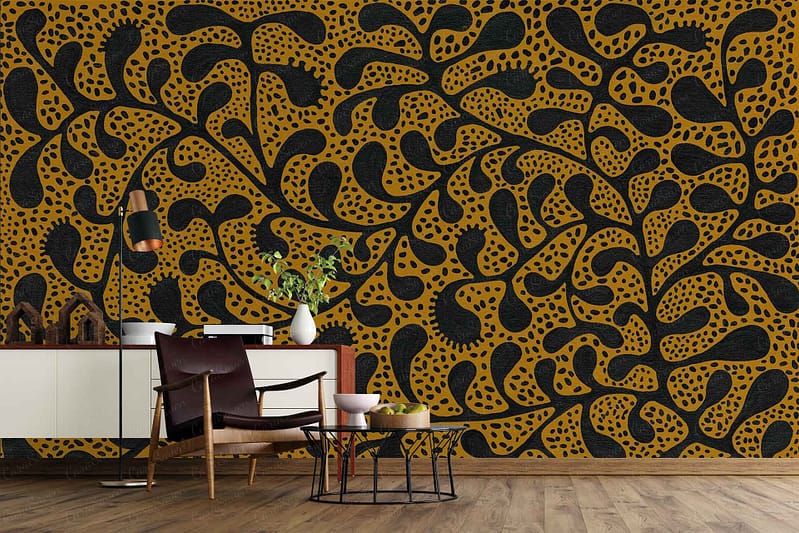 The wallpaper features a bold mustard and black abstract pattern, characterized by geometric shapes and fluid lines. The mustard provides a warm, vibrant backdrop while the black adds contrasting depth and sophistication. Key elements include swirling motifs and angular designs, creating an eye-catching visual texture. This distinctive pattern is perfect for those searching for dynamic, contemporary aesthetics using rich yellows and deep blacks in their decor.