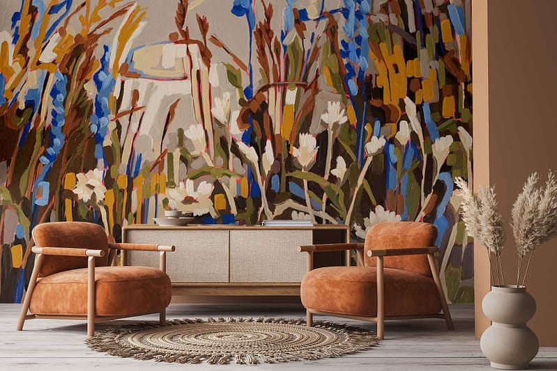 Bold, colorful floral mural wallpaper from the Amplify series features vibrant flowers in a range of colors, creating a lively and eye-catching backdrop.