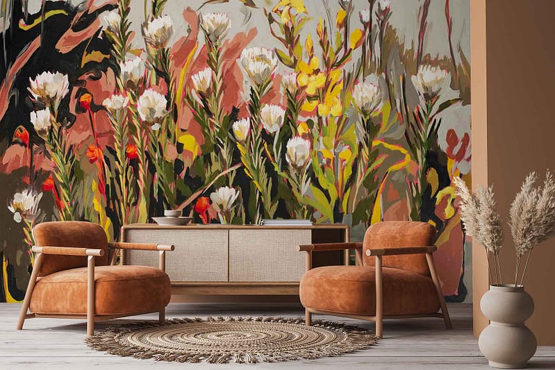 Vibrant floral wallpaper features large white, red, and yellow flowers—including Cape Snow—against a modern backdrop. The mural showcases bold blooms and natural elements with eye-catching colors that stand out as the focal point of the room.