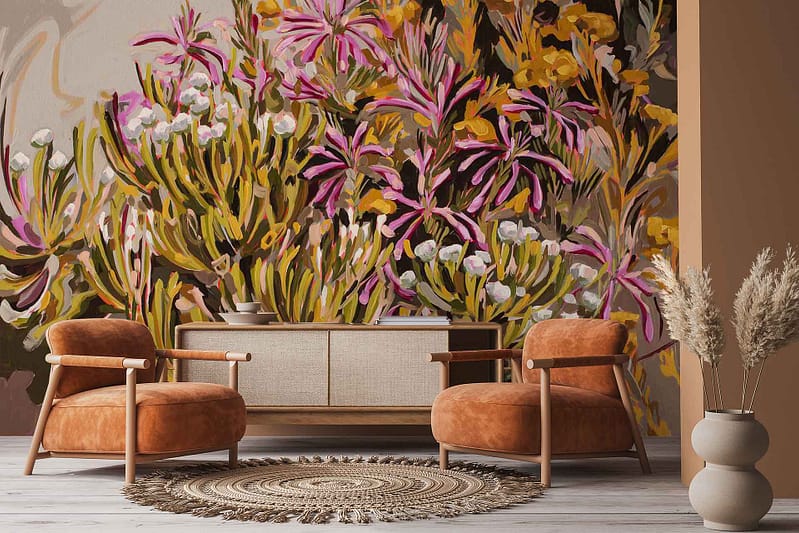 Colorful floral mural wallpaper features vibrant Helichrysum, plus pink, yellow, and white flowers in a bold, lively design.