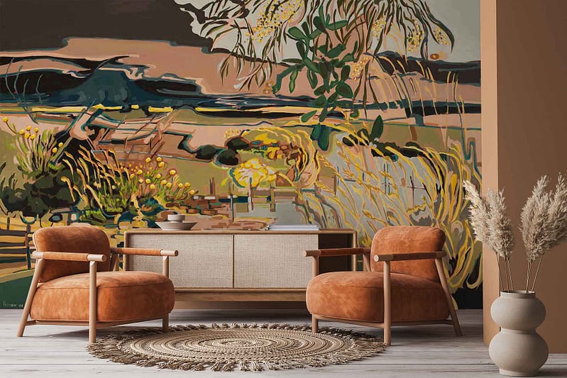 Vibrant mural wallpaper inspired by the Karoo landscape, featuring abstract plant shapes and a winding river in earthy browns, muted greens, and touches of blue.
