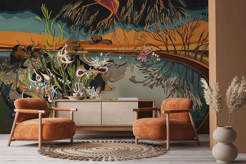 Large abstract wallpaper from the Amplify series features shapes inspired by the Karoo landscape, with earthy tones like ochre, terracotta, sand, and green, accented by bold, colorful forms and organic lines.