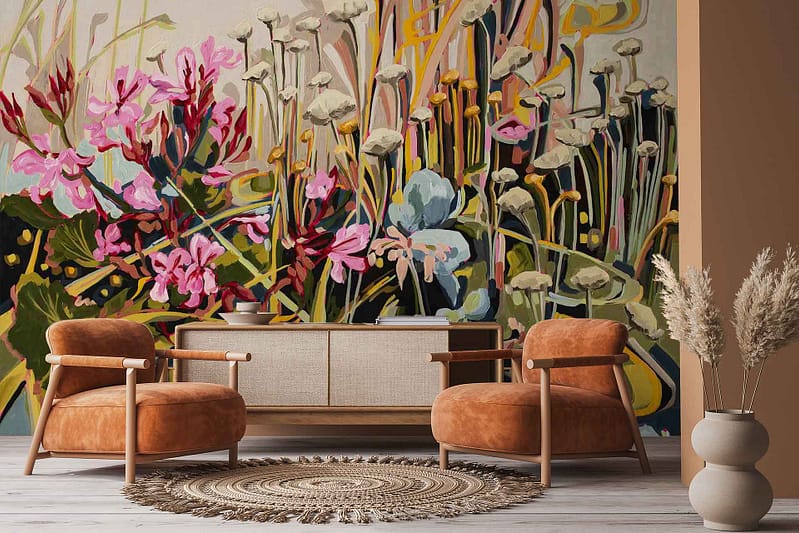 Large, colorful floral mural wallpaper featuring pink, yellow, and white Malva Helichrysum flowers with green leaves.