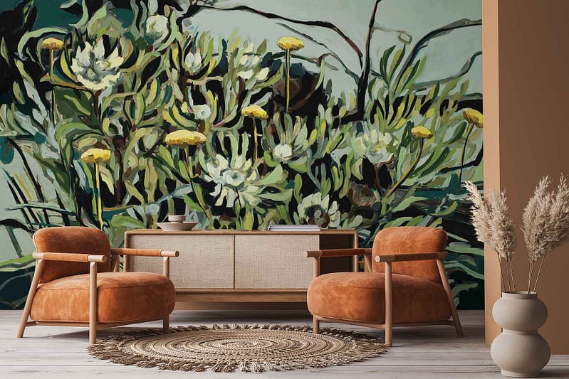 Colorful floral mural wallpaper featuring green leaves, yellow flowers, and Protea Scolymocephala.