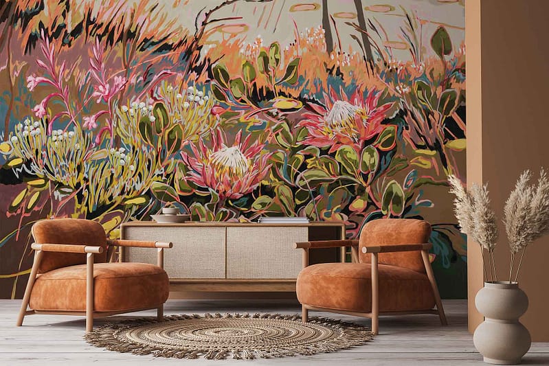 Vibrant floral wallpaper with large pink King Protea flowers and green Watsonia leaves. Bold, colorful mural featuring lush botanical elements in shades of pink and green.