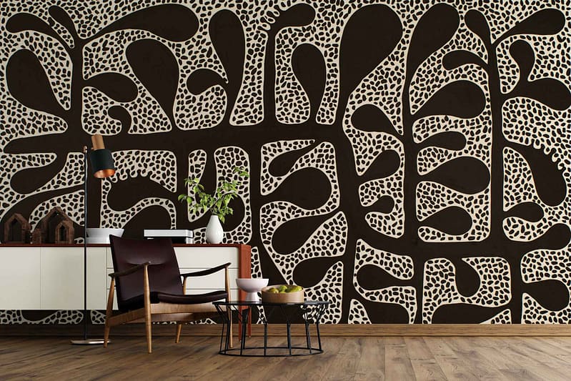 The bold black and white abstract patterned wallpaper features intricate geometric shapes, swirling lines, and stark contrasts of black against a white backdrop. This dynamic design incorporates sharp angles combined with soft curves, creating a visually captivating effect that catches the eye. The monochrome palette ensures a striking yet sophisticated look, ideal for modern interiors seeking dramatic flair. Highlights include intersecting lines, contrasting spaces of light and dark, and an overall sense of movement on the wall surface.