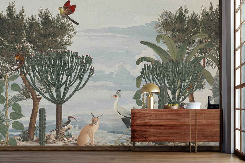 Desert landscape mural featuring birds, trees, and a leaping gazelle. Earthy tones such as sandy beige, sage green for foliage, and soft browns for the gazelle. Touches of blue and yellow highlight the sky and sunlit areas.