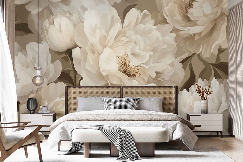 The wallpaper showcases a large floral mural featuring beige and white flowers, creating a serene Blue Monday vibe.
