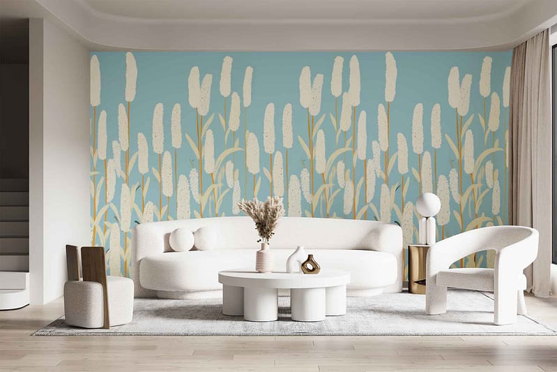 Blue and white abstract plant wallpaper, featuring botanical patterns and organic shapes in shades of blue against a white background.