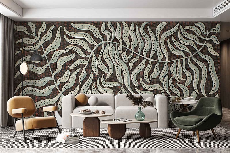 The wallpaper features a bold, leafy pattern with lush green leaves set against a deep, rich background. The design emphasizes large tropical motifs with varying shades of green, from emerald to olive, and occasional hints of earthy brown accents that add depth and texture.