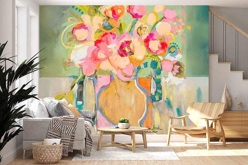 The wallpaper displays a bright, colorful painting of flowers in a vase, capturing nature's beauty with vibrant hues like red, yellow, pink, and green. This abstract floral artwork stands out with its lively design and dynamic brushstrokes.