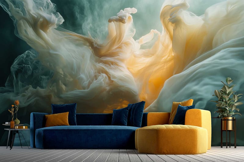 A large abstract mural with swirling green, white, and gold hues.