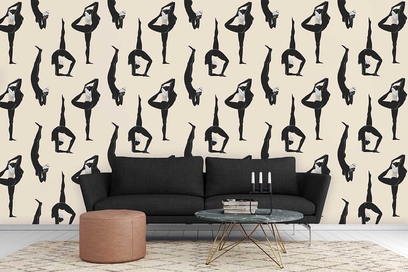 The wallpaper features a light background with a repeating pattern of stylized figures in various poses. The figures are intricately designed, adding an artistic touch to the modern living room setting. Colors mainly include muted tones with possible hints of soft greys or subtle pastels to complement the serene ambiance. This pattern artfully contrasts against the bold characteristics of other furniture pieces, echoing sophistication and creativity throughout the space.