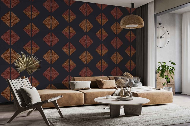 Wallpaper features a bold, dark background with a striking geometric pattern. Prominent red and gold diamond shapes repeat across the surface, each with subtle marbling and shadowing reminiscent of a tortoise shell motif. The design combines rich burgundy reds and metallic gold hues for contrast. Pattern is modern, angular, and eye-catching—perfect as an accent wall in contemporary interiors.