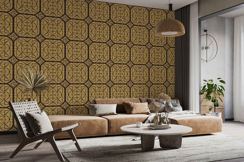 Patterned wallpaper features a striking gold and black color scheme, arranged in an organic, tortoise shell-inspired design. The pattern showcases irregular, rounded shapes with metallic gold accents against a bold black background, creating a luxurious and contemporary look.