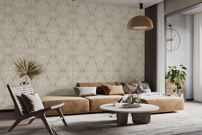 Neutral-patterned wallpaper features subtle geometric shapes in beige, taupe, and soft white tones. The design incorporates delicate lines and organic motifs for a calming, modern backdrop. Hints of sand and cream add depth while maintaining a light, airy feel.