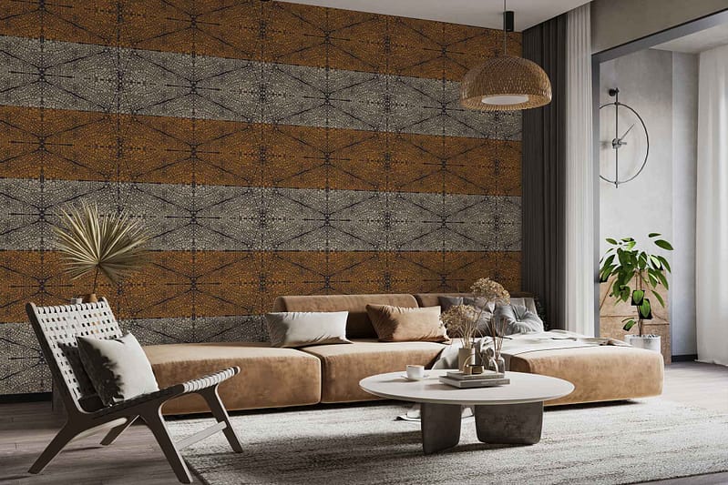 The wallpaper is a textured geometric accent wall, featuring tortoise shell and gray tones. Its pattern includes angular shapes and layered textures, combining warm browns with cool grays for a dynamic, modern look. The design stands out under natural light from tall windows.