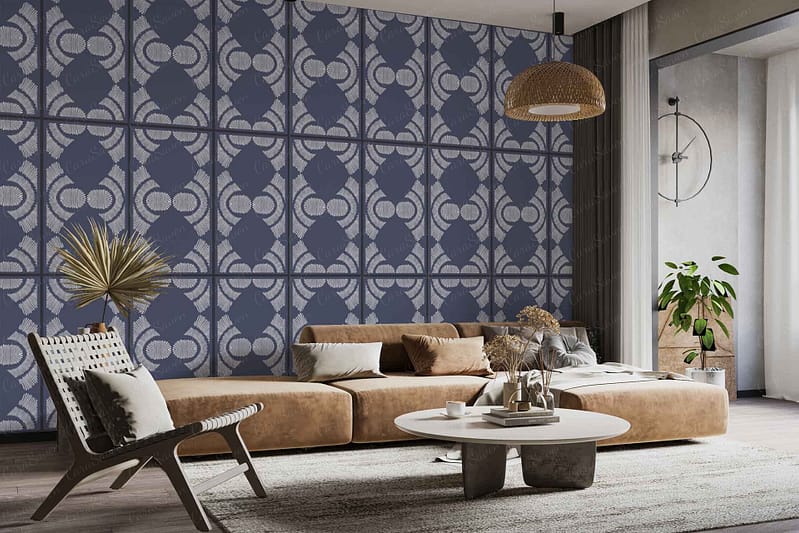 The accent wallpaper features bold, modern patterns in shades of blue and white. It includes geometric shapes—such as diamonds and interlocking lines—with deep navy, bright sky blue, and crisp white dominating the palette. The design creates a striking contrast against the room’s decor and adds a fresh, vibrant backdrop. Blue-and-white patterned wallpaper; geometric motifs; navy, sky blue, white; contemporary style.