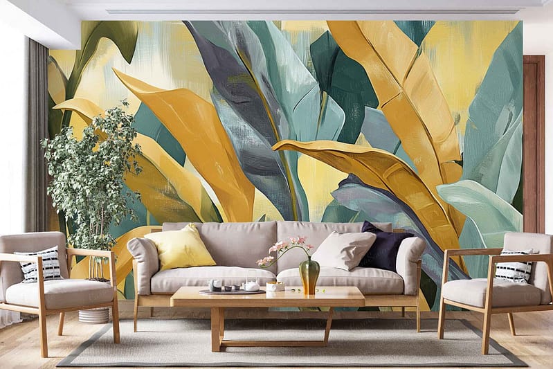 Large, colorful mural wallpaper featuring abstract tropical leaves; dominant green, yellow, and blue hues; swaying leaf shapes with bold lines and organic forms; expressive brushstrokes; vibrant tropical foliage pattern.