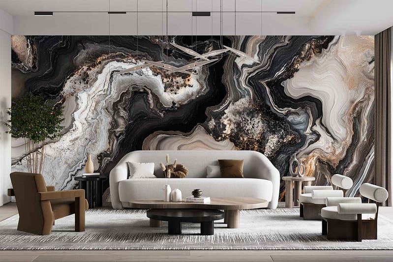 The large abstract marble-patterned wallpaper features swirling tones of gray, white, and hints of gold. The interplay of these colors creates an elegant and dynamic visual texture, with veins and whorls that emulate the timeless beauty of natural marble. The subtle inclusion of soft silver accents adds a touch of modern sophistication, ensuring the wallpaper remains a focal point in any contemporary setting.