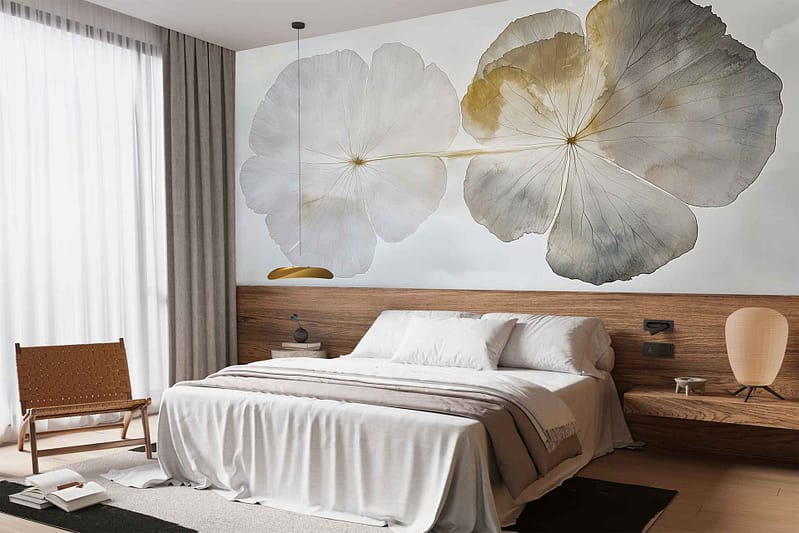 Large mural wallpaper featuring two translucent, overlapping flower petals in soft, ethereal tones of blush pink and muted beige. The design creates a gentle, dreamy effect with flowing lines and subtle gradients, evoking a delicate Tale of Time. Ideal for modern interiors seeking nature-inspired wall art.