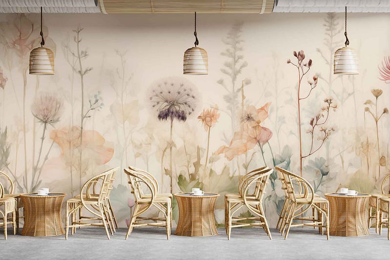 The cafe’s floral wall mural features pastel-colored flowers in soft pink, lavender, mint green, and light yellow hues. The design includes delicate blossoms intertwined with gentle green leaves and subtle vine patterns. These elements create a serene, inviting atmosphere with a focus on nature-inspired aesthetics.
