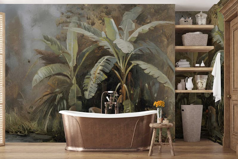 Wall mural features large, swaying tropical banana leaves in rich green tones. Elements include oversized leaf shapes, layered foliage, and varying shades of green—from deep emerald to light lime. The design emphasizes lush, botanical patterns and tropical rainforest vibes.