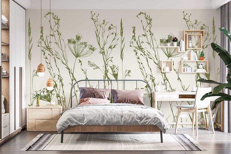 Tall green botanical illustrations cover the wallpaper, featuring leafy stems and foliage in various shades of green. The design is nature-inspired with delicate plant details and soft, organic lines against a light, neutral background.
