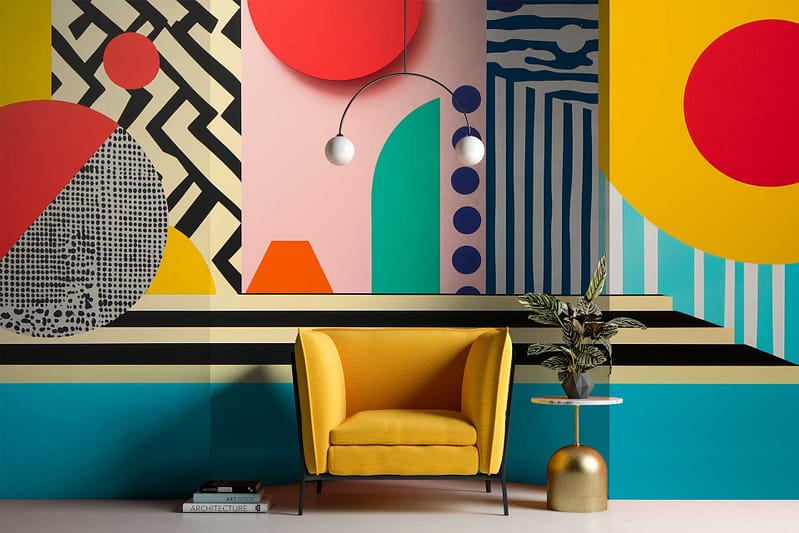 Colorful geometric wallpaper with bold circles, dynamic stripes, and abstract shapes in vibrant colors—yellow, blue, red, black, and white—evoking energetic Race Against Time vibes.
