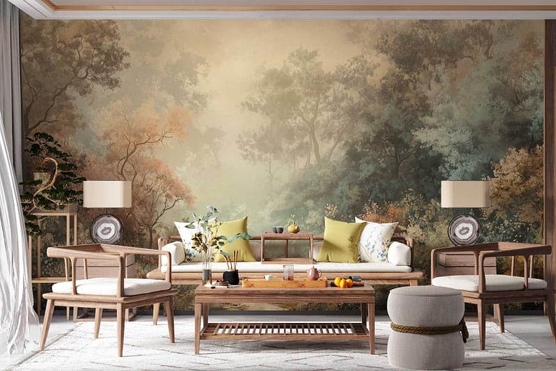 Dense forest, tall trees, serene atmosphere, wallpaper, green hues, earthy tones.