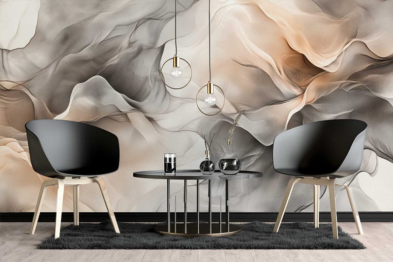 The wallpaper features a flowing, abstract Memphis-inspired design with wavy lines and organic shapes in beige, brown, and gray tones. The pattern combines soft curves and overlapping forms for a dynamic yet neutral look.