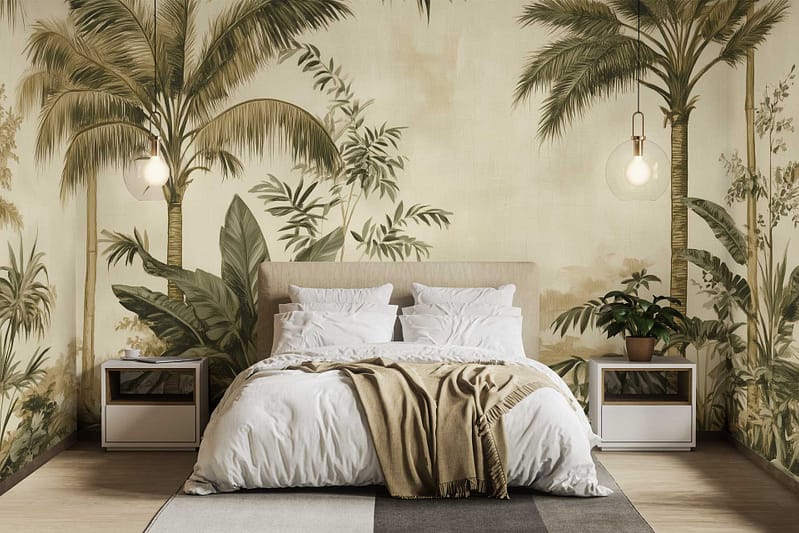 The bedroom features tropical-themed wallpaper with palm trees, reminiscent of Petals in Print.