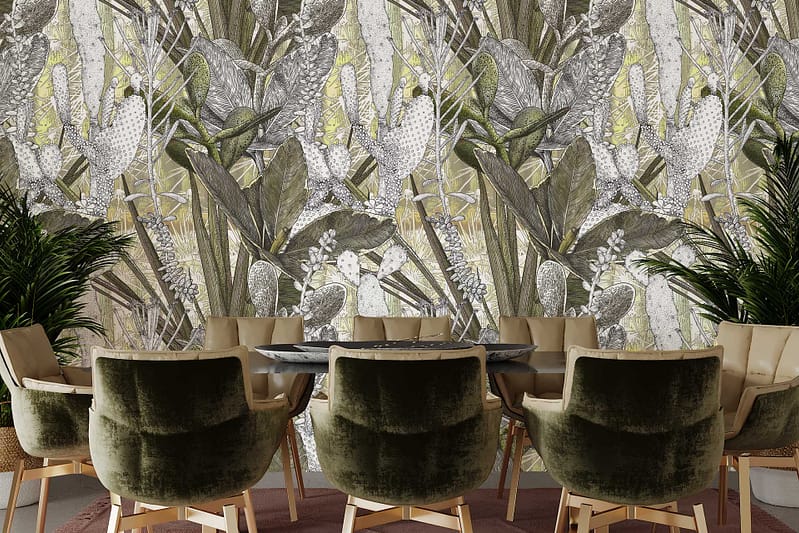 The wallpaper from the Petals in Print collection features a detailed botanical pattern, displaying various leaves and plants. The color palette is comprised of muted green and grey tones, enhancing its natural, elegant aesthetic. Keywords: botanical pattern, leaves, plants, muted green, grey tones.