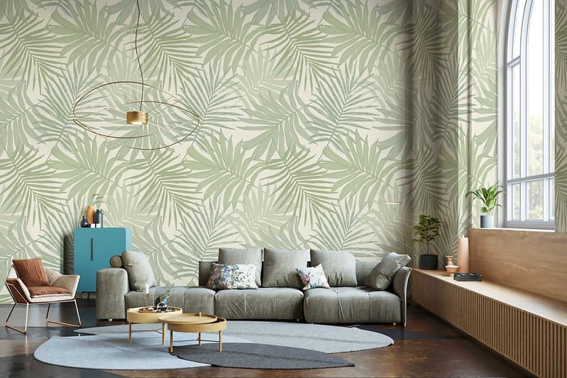 Large green leaf-patterned wallpaper, petal-inspired print, elements: leaves and petals, colors: green.