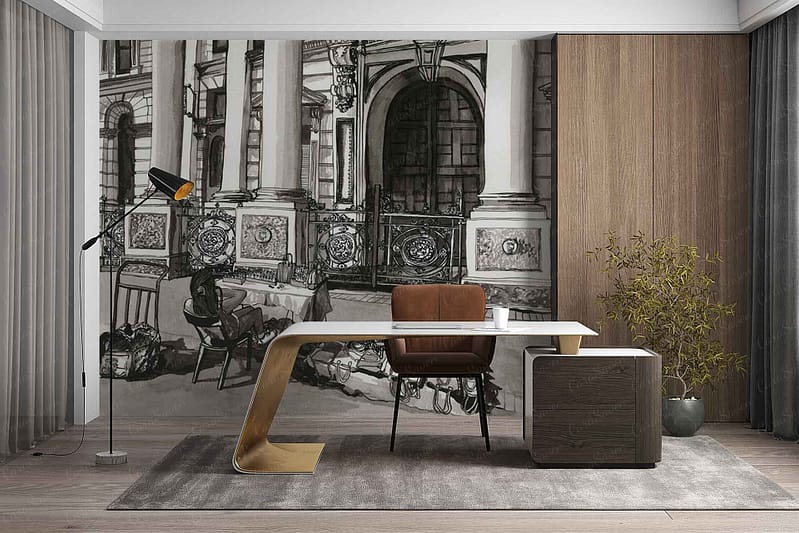 Large wall mural featuring the N2 Bridge in a detailed black and white architectural line-art style. The wallpaper showcases intricate bridge cables, structural elements, and sweeping urban scenery, all rendered in crisp monochrome tones—predominantly black, grey, and white—creating a striking modern focal point.