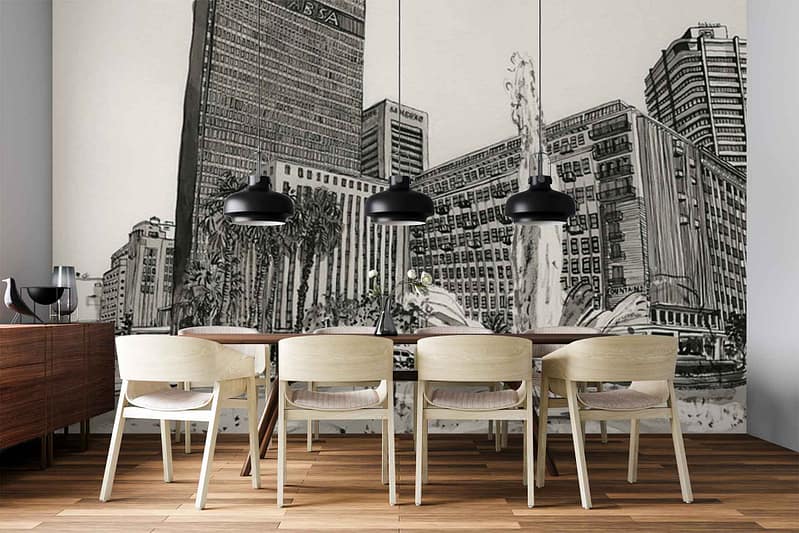 Large black-and-white mural wallpaper depicting city skyscrapers and water fountains; features sharp architectural lines, high-contrast grayscale tones, urban skyline silhouettes, and cascading fountain imagery.