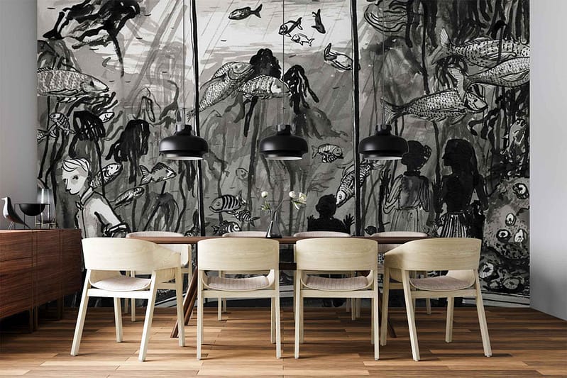 Black-and-white underwater mural wallpaper featuring fish, aquatic plants, and human figures; grayscale tones; large-scale illustration; bold contrast with intricate details of marine life.