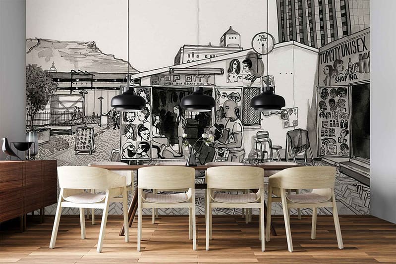 Large black-and-white cityscape mural wallpaper featuring illustrated buildings, bustling street scenes, and hand-drawn people. Monochrome color scheme; detailed architectural elements and urban life motifs.