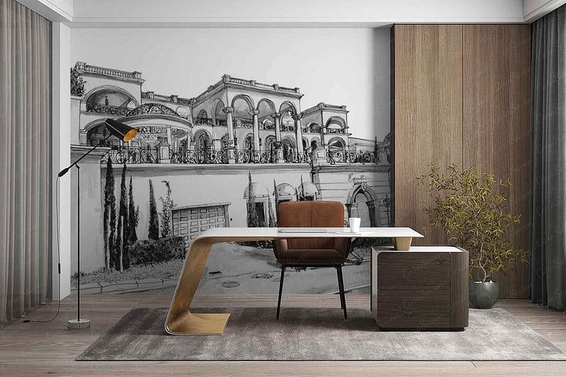 The wallpaper is a black-and-white mural depicting a grand classical building, featuring ornate columns, arches, and intricate architectural details. The monochrome palette emphasizes contrasts between deep blacks, crisp whites, and subtle gray shading, evoking timeless Camps Bay elegance and sophistication.