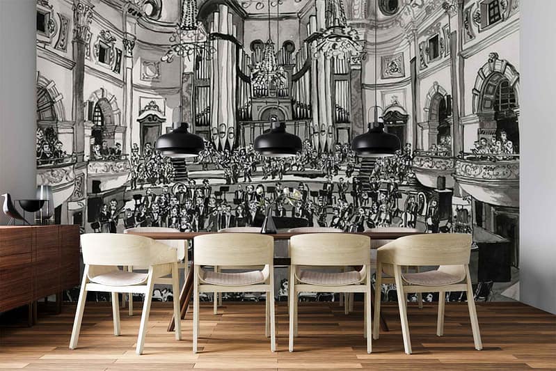 Large black-and-white mural wallpaper features a historic orchestra and a grand concert hall. Elements include detailed musicians with instruments, conductor, ornate balconies, audience seating, classical architecture such as columns and arches, elegant chandeliers, and stage. Palette is grayscale—rich blacks to crisp whites—with high contrast details throughout.