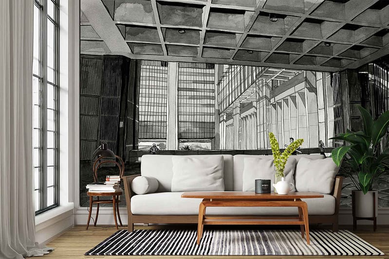 Large black-and-white wall mural wallpaper featuring Cape Point’s urban cityscape; showcases detailed geometric architectural elements such as angular rooftops, layered facades, tall modern buildings, windows, and bold linear patterns. Monochrome palette with sharp contrasts between blacks and whites for a striking graphic effect.