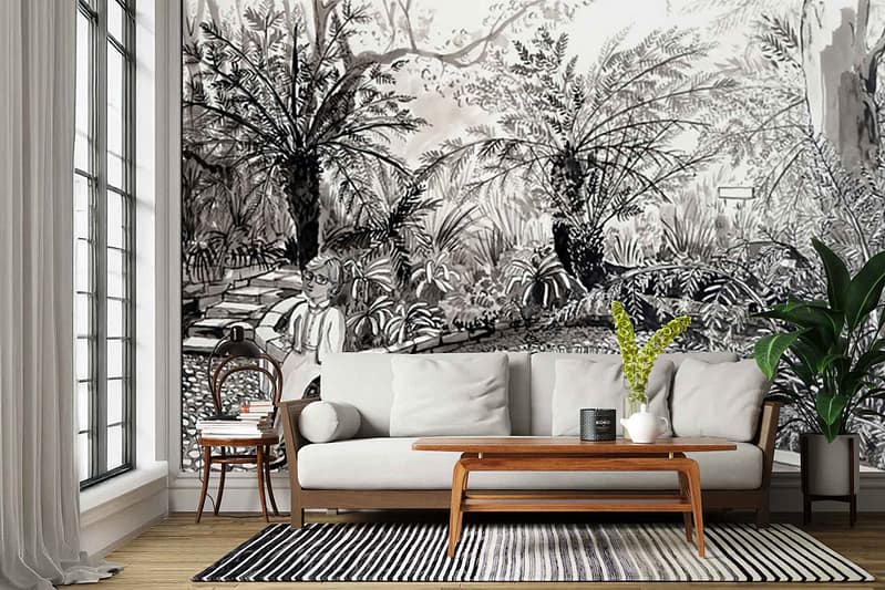 Black and white mural wallpaper featuring a lush forest scene with intricate foliage, tall trees, leafy branches, and dense undergrowth. The design is reminiscent of Bokaap’s charm, with bold monochrome contrasts and detailed botanical patterns.